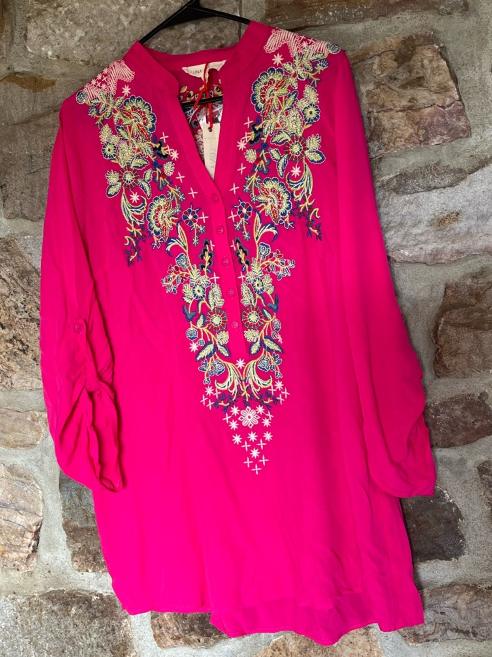 NWT Luna Moon Bright Pink Embroidered tunic blouse with roll up sleeves Small